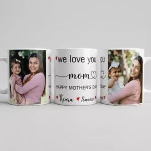 Personalized Mother’s Day photo mug with custom images and names printed on ceramic mug for mom gift in India
