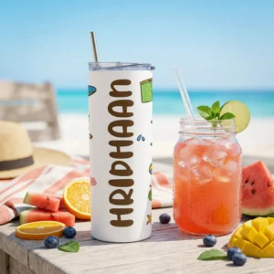 Alternative view of Personalized Summer Travel Tumbler with Name – Beach Theme Skinny Juice Cup with Straw for Vacation & Daily Use
