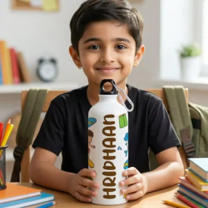 Alternative view of Personalized Kids Summer Water Bottle with Name – Beach Theme Cartoon Design Aluminum Bottle for School & Travel