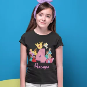 Young girl wearing a black personalized birthday t-shirt with princess design, custom name and age number 4 printed on it