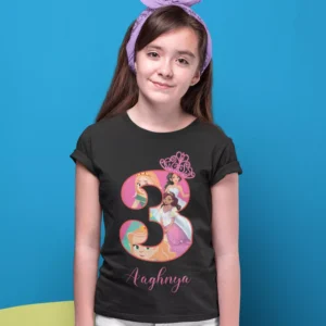 Girl wearing a black personalized birthday T-shirt with princess design, custom name and age printed on it