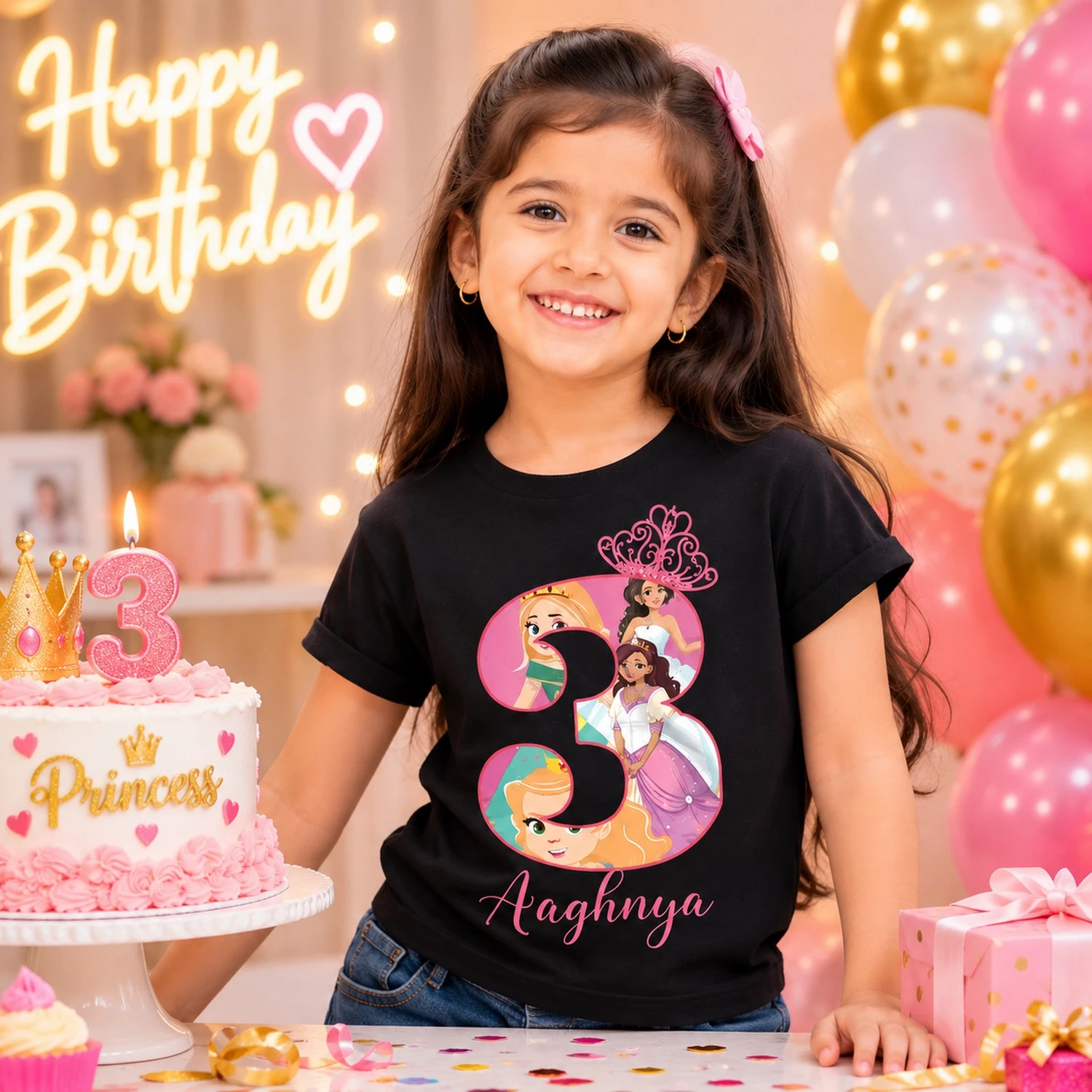 Personalized Girls Birthday T-Shirt Princess Theme with Name & Age - Image 3