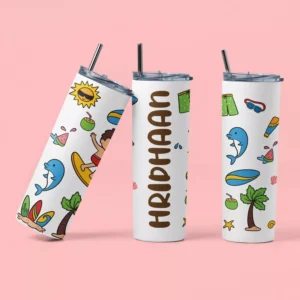 Personalized Summer Travel Tumbler with Name – Beach Theme Skinny Juice Cup with Straw for Vacation & Daily Use