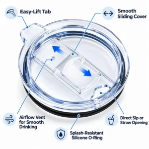 Clear personalized tumbler lid with easy-lift tab, smooth sliding cover, airflow vent, direct sip or straw opening, and splash-resistant silicone O-ring.