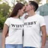 Couple wearing matching white Wifey and Hubby T-shirts with custom established year, ideal for prewedding and anniversary photoshoot