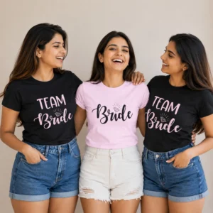 Bride wearing a pink Bride T-shirt with friends in matching black Team Bride T-shirts with diamond graphics
