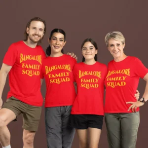 Family wearing matching red RCB family squad t-shirts with lion graphic for cricket match day and outings
