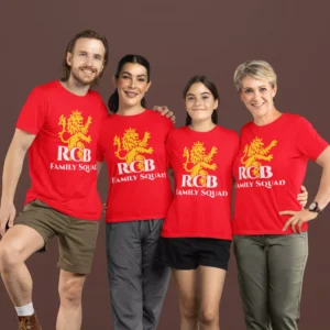 Family wearing matching red RCB family squad t-shirts with lion graphic for cricket match day and outings