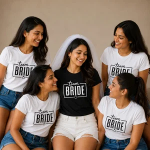 Bride and bridal party wearing matching black and white Team Bride T-shirts with simple framed typography