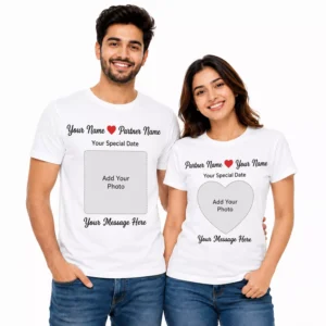 Custom couple t-shirts personalized with names date photo and message set of 2