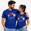Couple wearing matching blue personalized T-shirts with custom names and wedding date design, suitable for anniversary or wedding gift apparel.