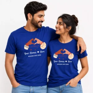 Couple wearing matching blue personalized T-shirts with custom names and wedding date design, suitable for anniversary or wedding gift apparel.