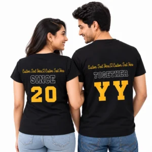 Back view of an Indian couple wearing matching black personalized T-shirts with gold custom text, white outlined SINCE and TOGETHER lettering, and large gold 20 and YY prints.
