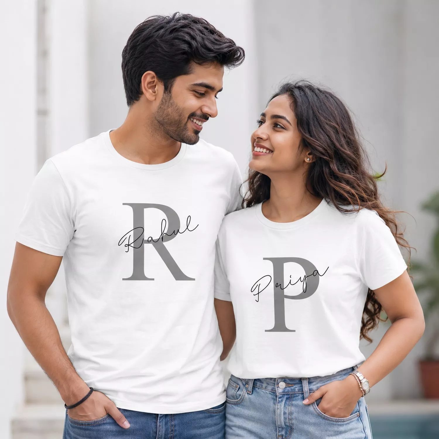 Personalised Initial Couple T-Shirts with Names | Matching Set of 2 - Image 2