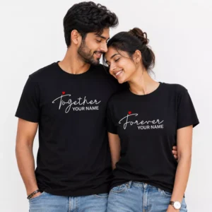 Couple wearing black personalized Together Forever T-shirts with custom name text, designed as a romantic matching gift for husband and wife.