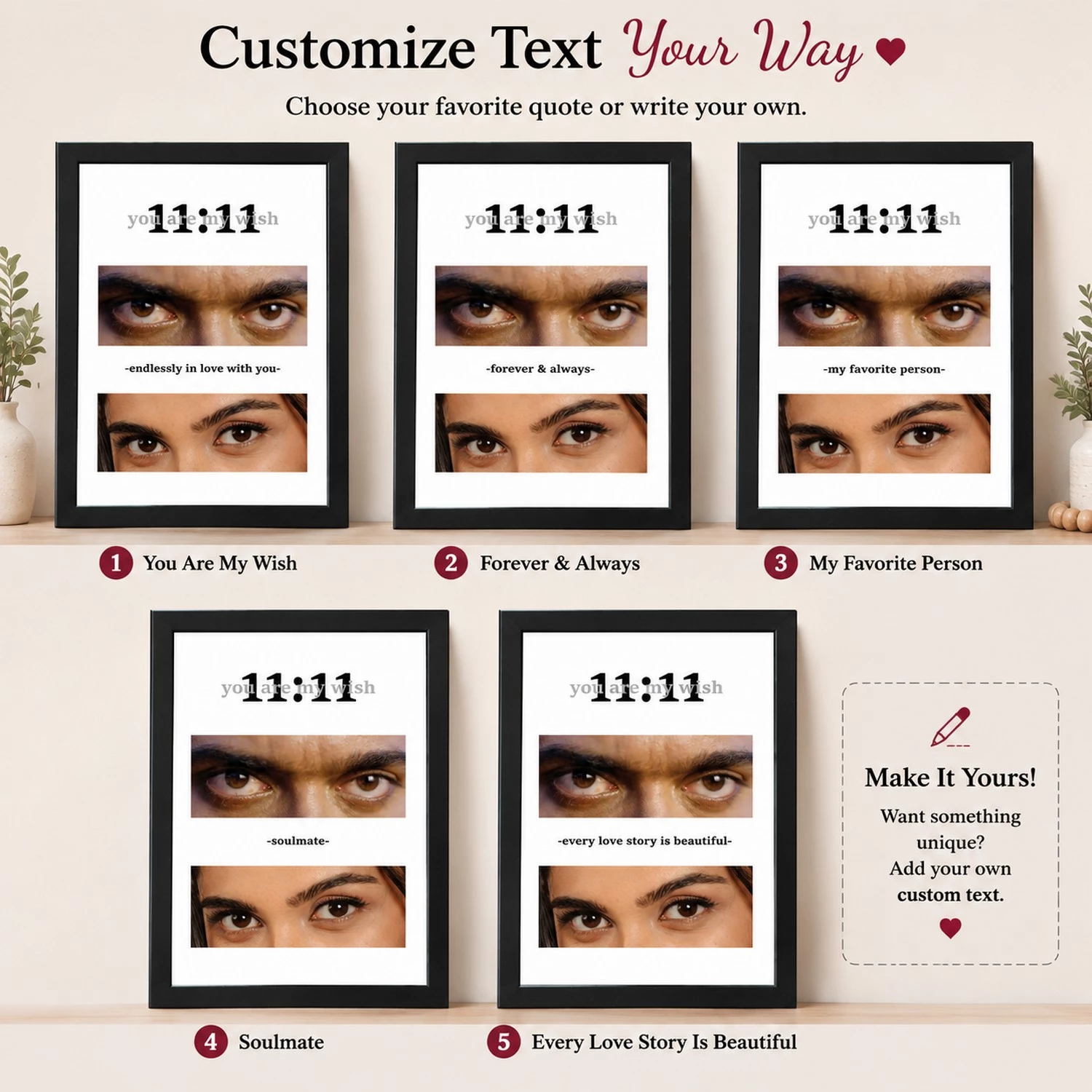 Personalized couple eyes frame showing different quote and custom text options for couples