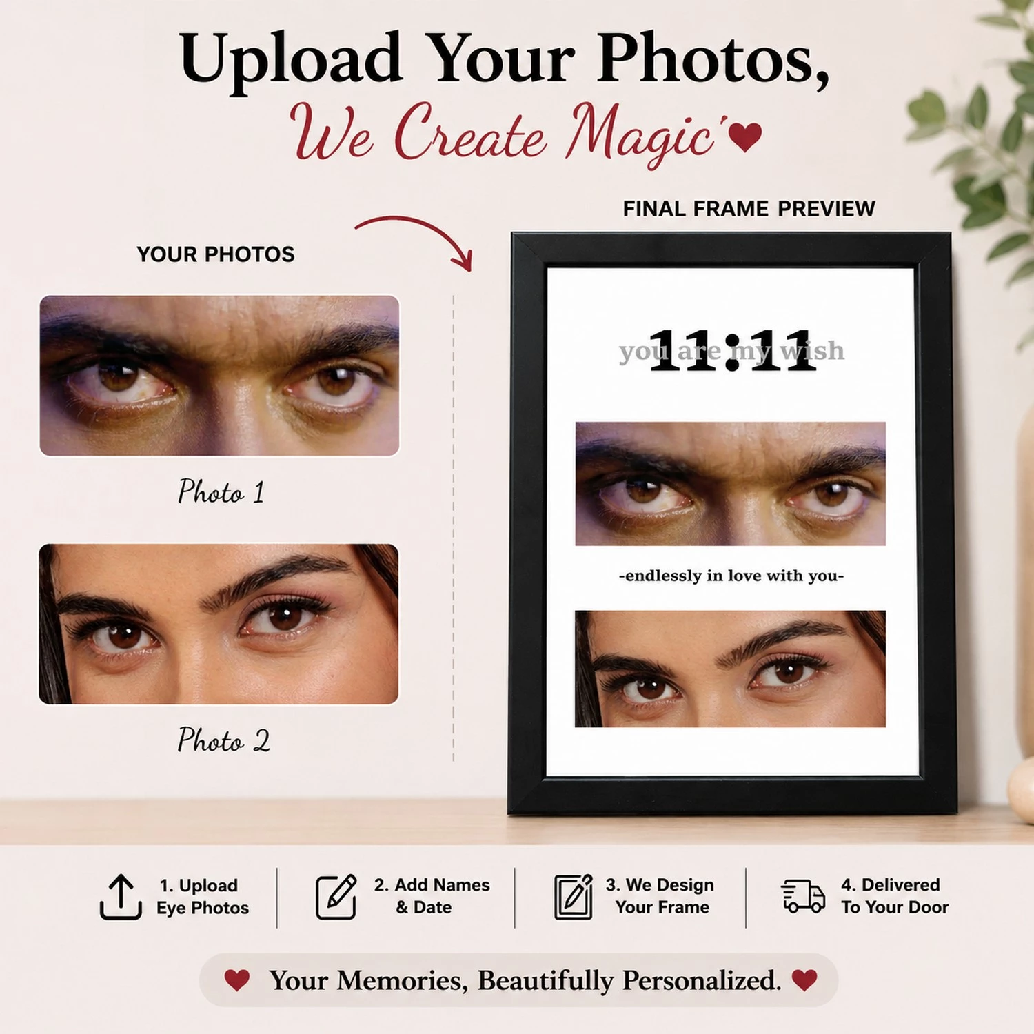 Upload eye photos and create a personalized couple eyes photo frame with custom text and date