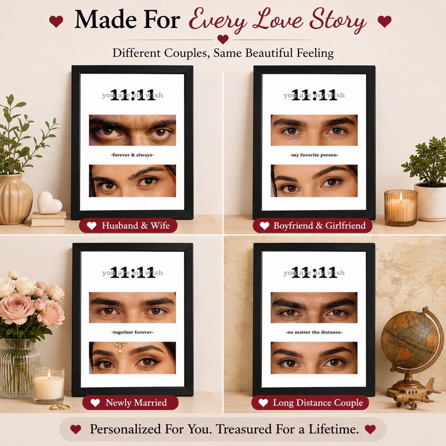 Different personalized couple eyes photo frame designs for husband wife boyfriend girlfriend and newly married couples