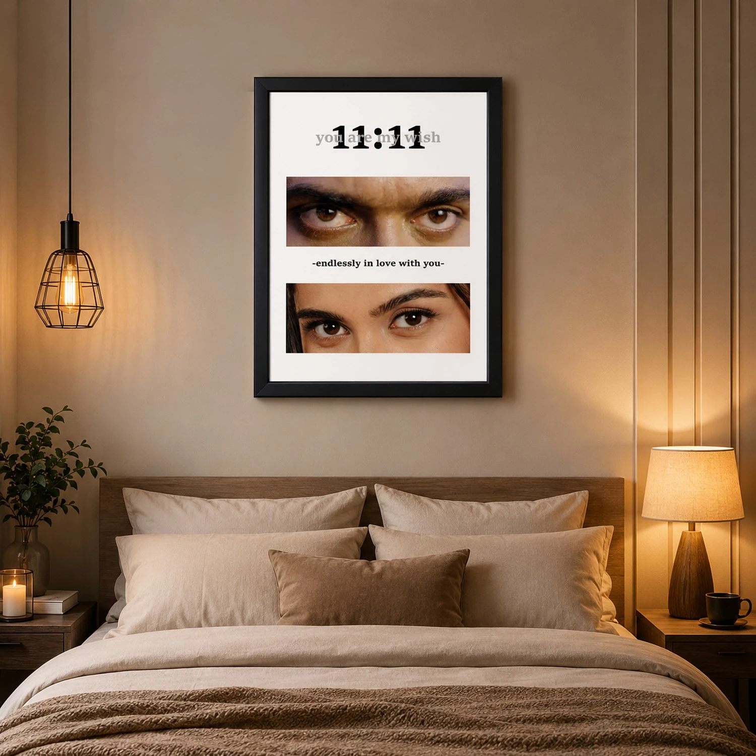 Personalized couple eyes photo frame displayed as romantic bedroom wall decor