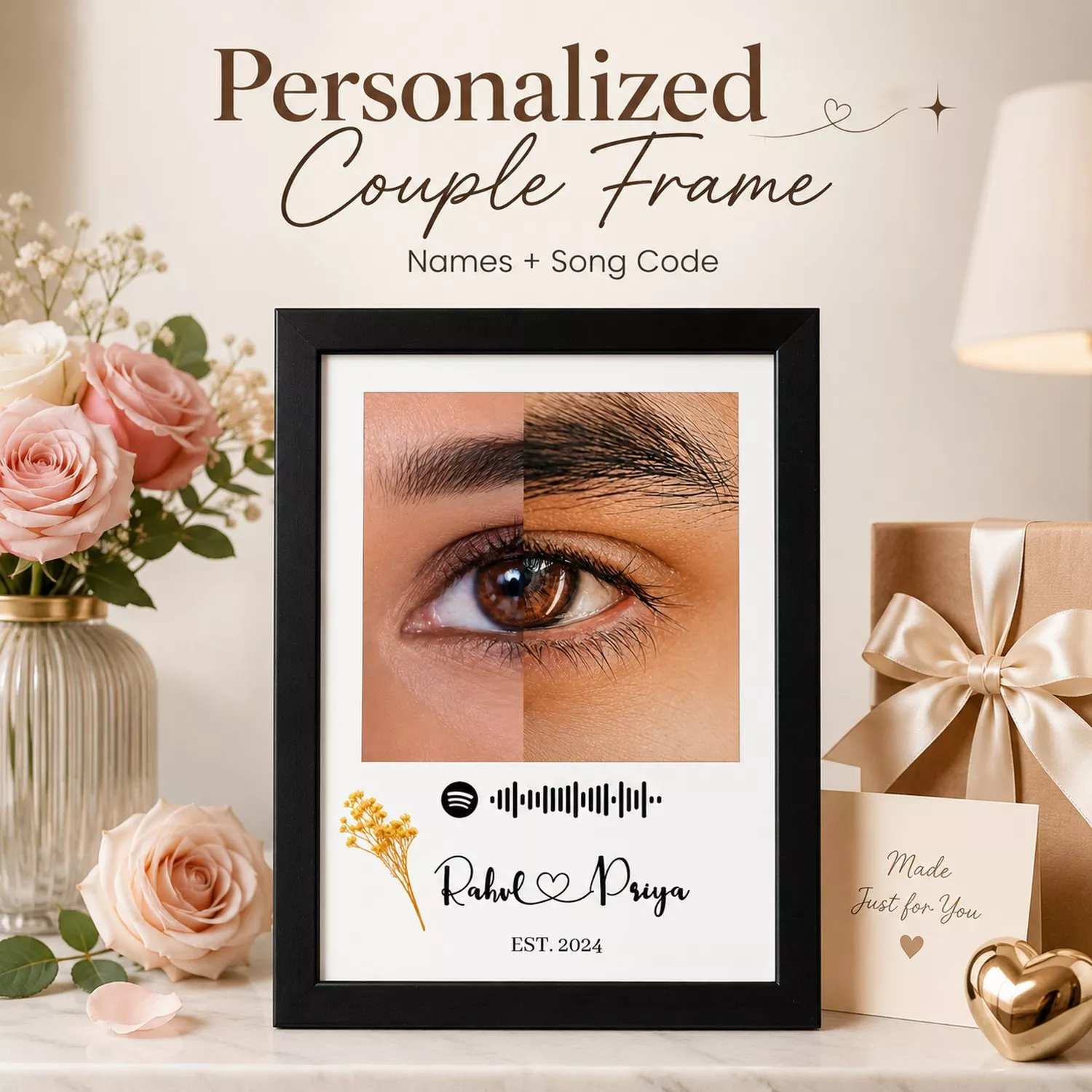 Personalized Couple Eye Photo Frame with Song Code, Names & Est. Year – Romantic Anniversary Gift - Image 3
