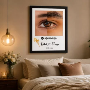 Personalized couple eye photo frame displayed on a bedroom wall above a bed with warm romantic decor and soft lighting.