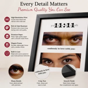 Closeup view of premium personalized couple eyes photo frame showing print quality and frame details
