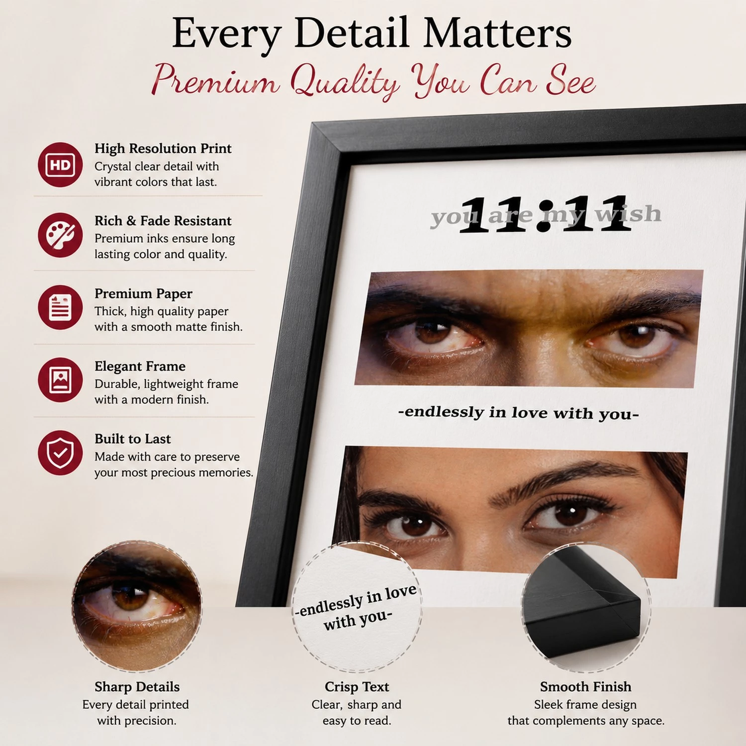 Closeup view of premium personalized couple eyes photo frame showing print quality and frame details