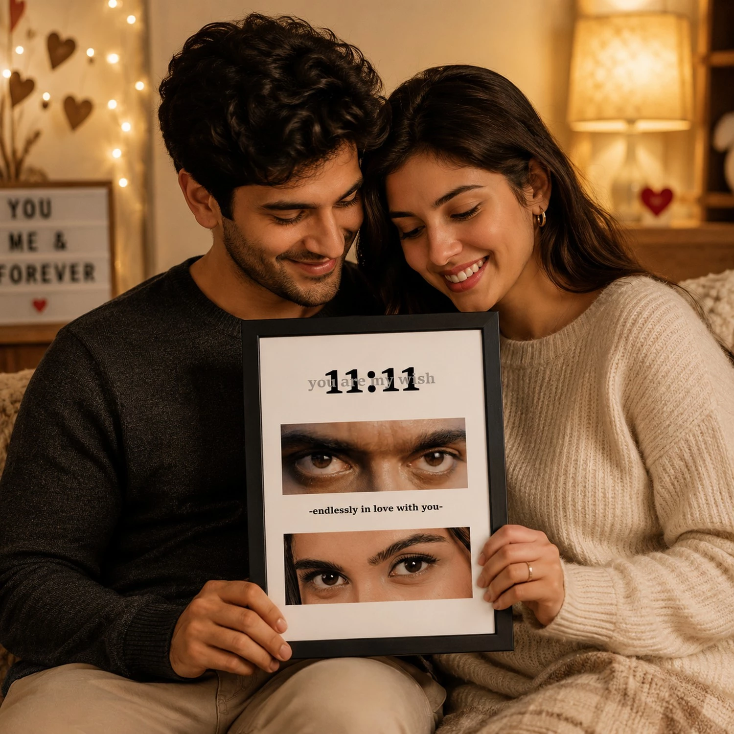 Happy couple holding personalized couple eyes photo frame as a romantic anniversary gift
