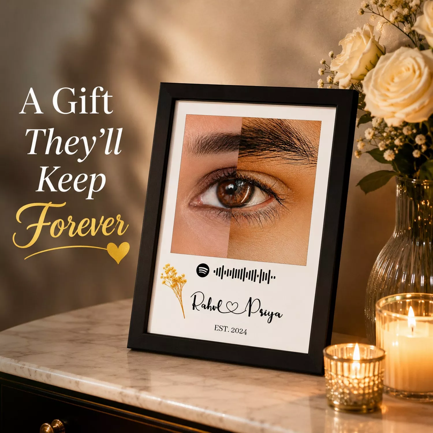 Personalized Couple Eye Photo Frame with Song Code, Names & Est. Year – Romantic Anniversary Gift - Image 4