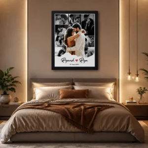 Personalized Couple Photo Collage Frame above a modern bedroom bed