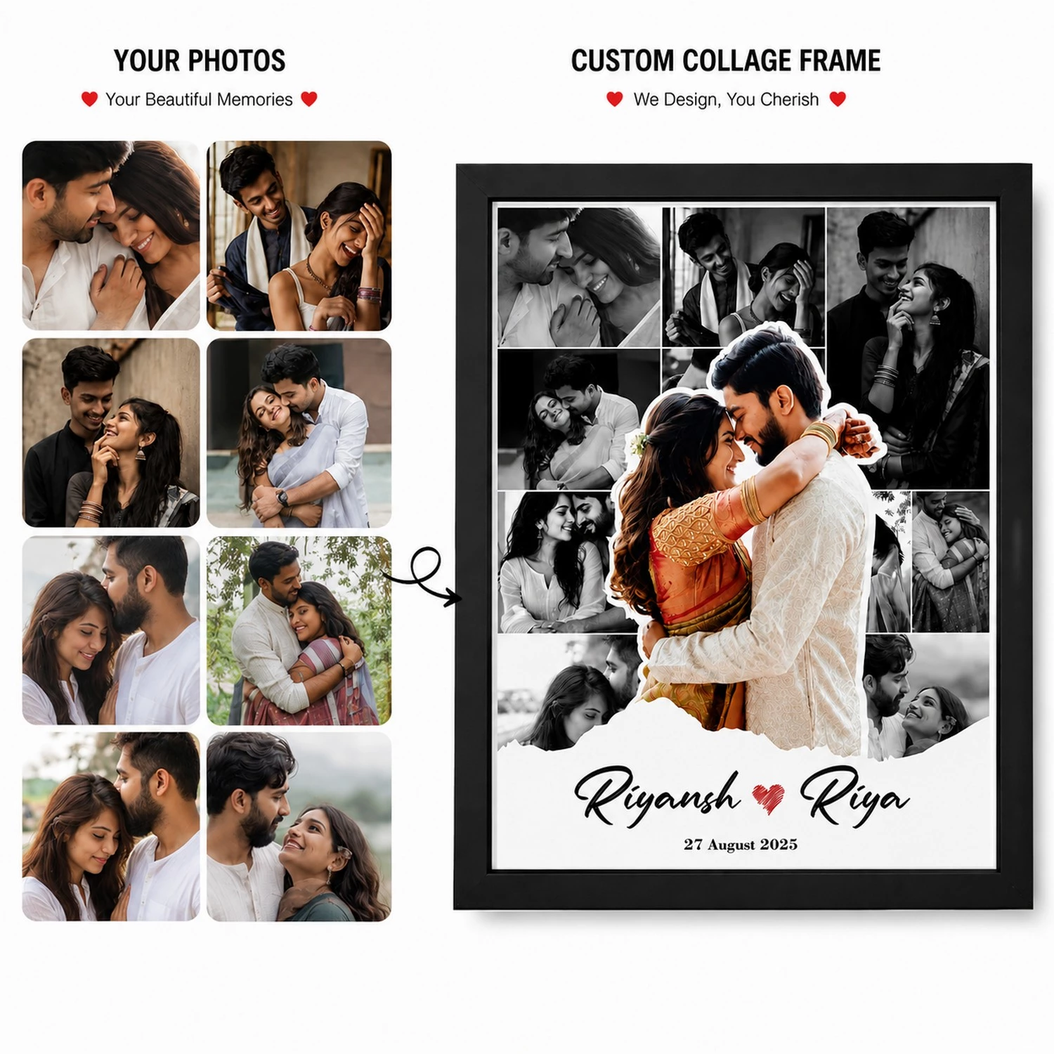 Before and after personalized couple photo collage frame transformation