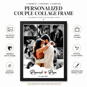 Features of personalized couple photo collage frame including HD printing and matte frame