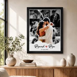 Personalized Couple Photo Collage Frame displayed in a modern Scandinavian living room
