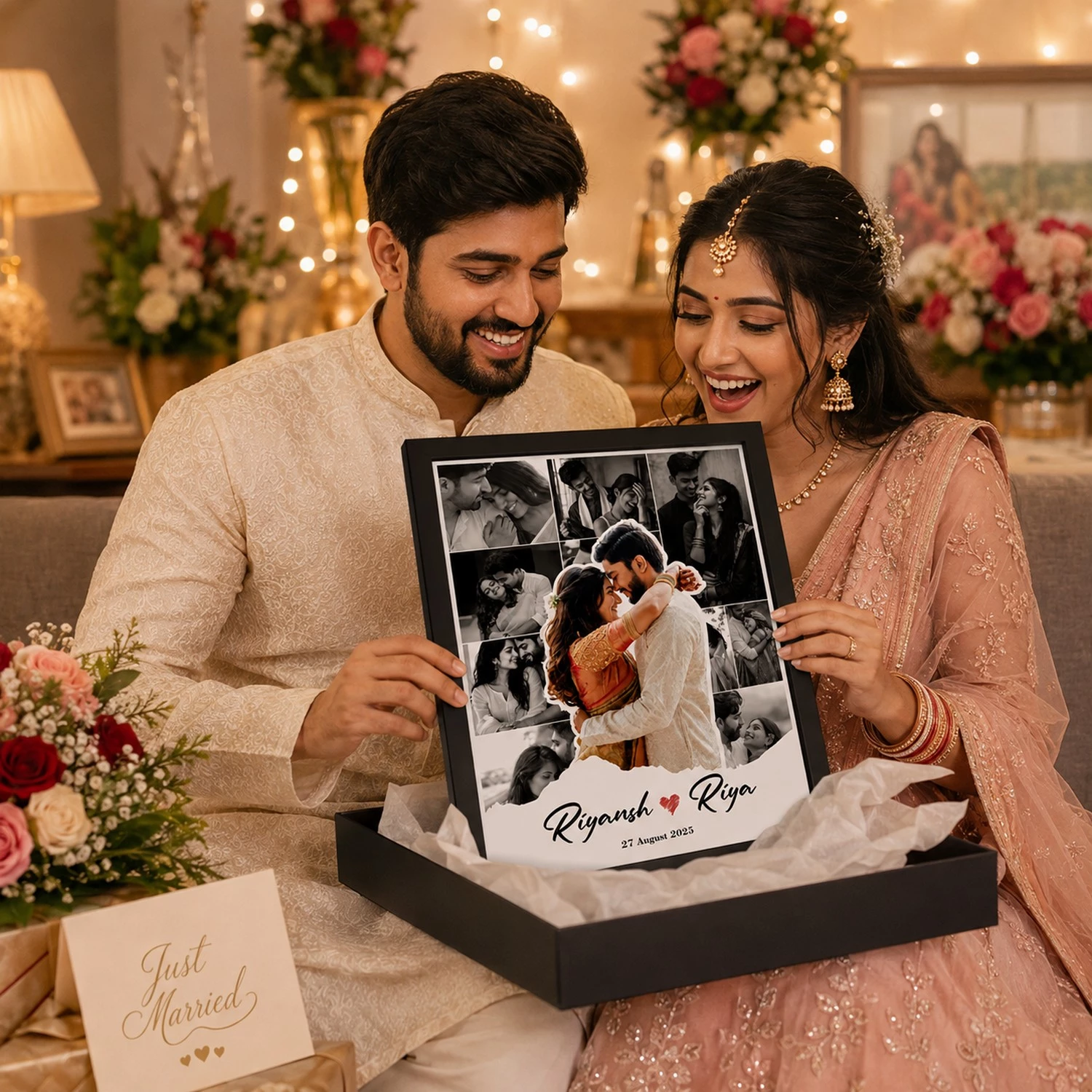 Secure packaging for personalized couple photo collage frame