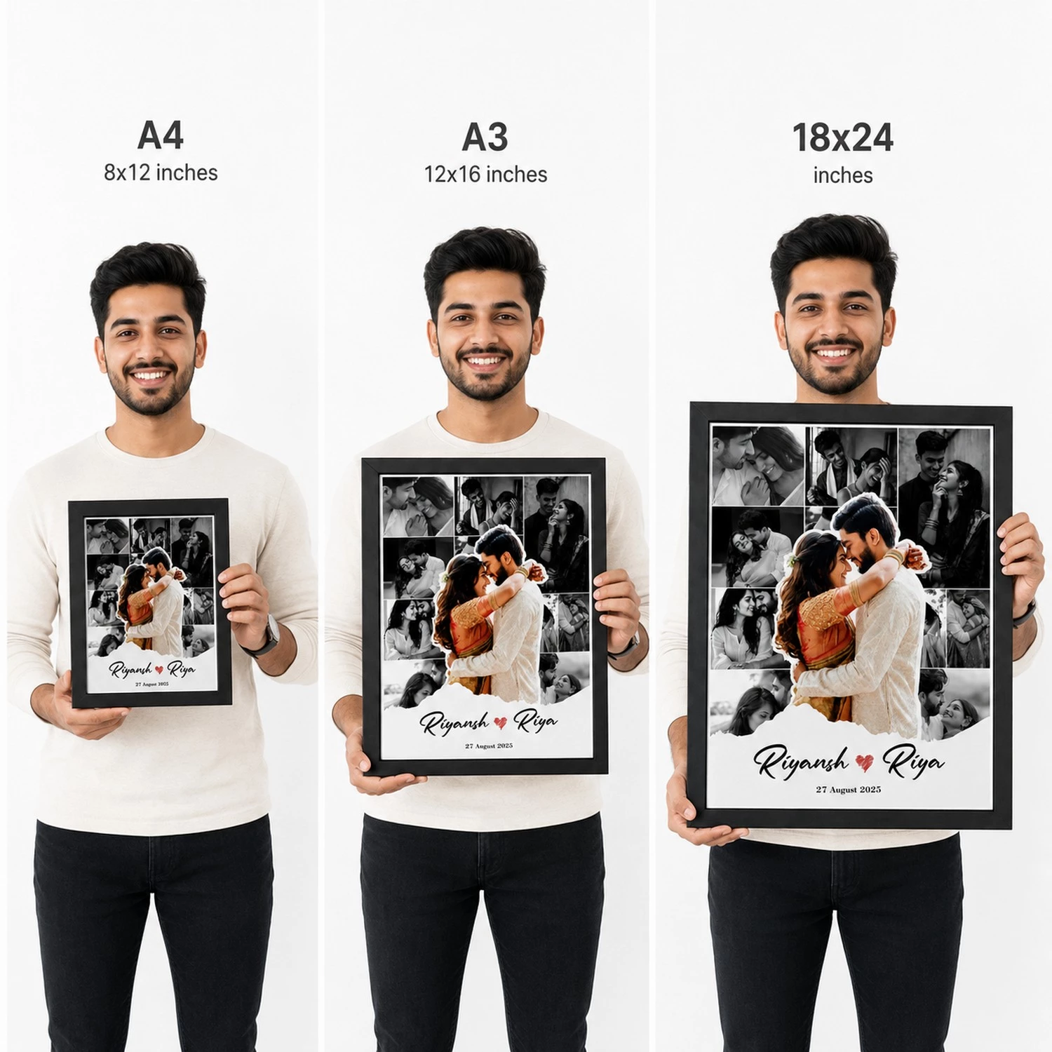 Personalized Couple Photo Collage Frame size comparison A4 A3 and 18x24 inches
