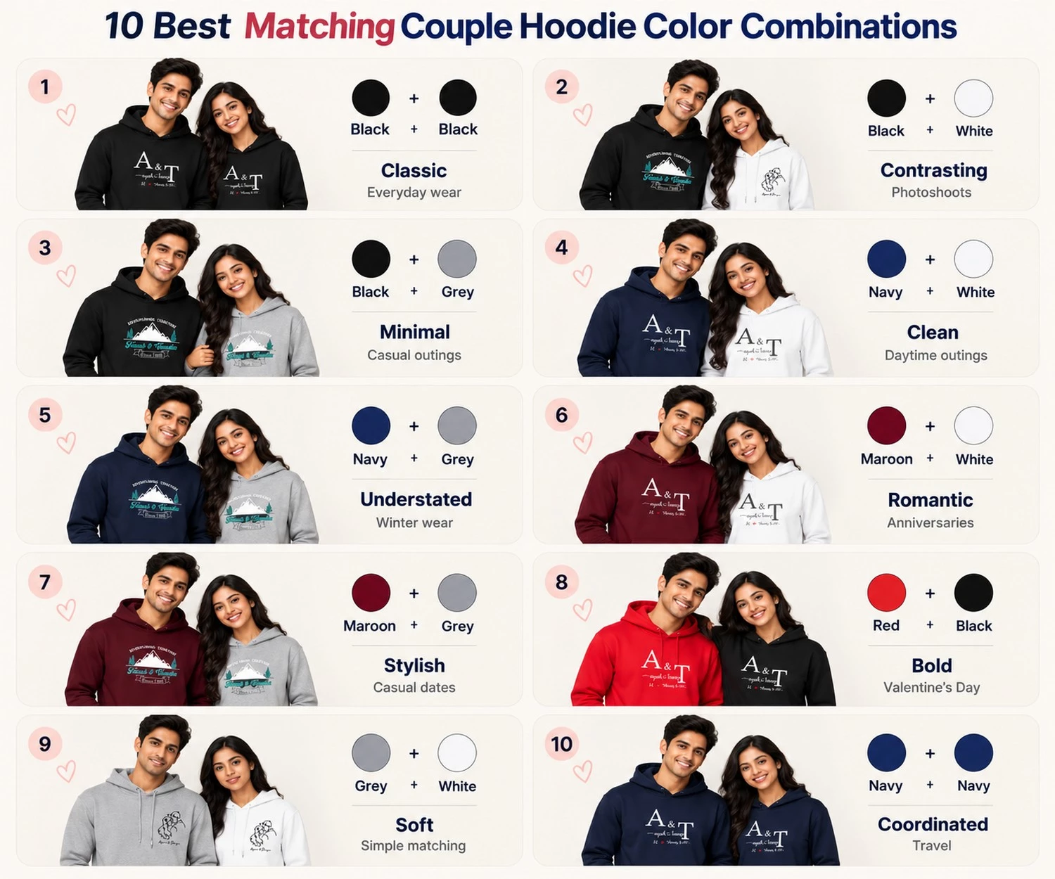 Chart of 10 matching couple hoodie color combinations, including black and white, navy and grey, maroon and white, red and black, and other coordinated outfit ideas.