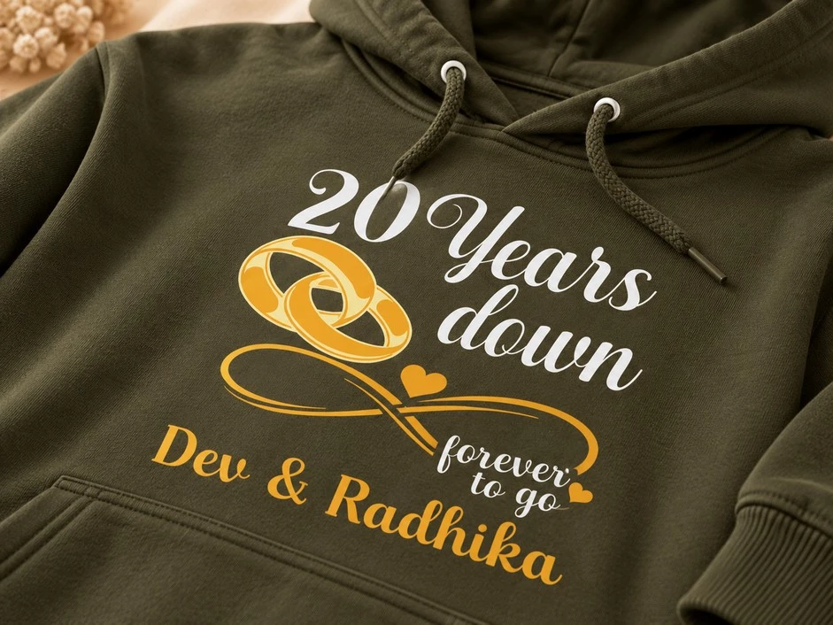 Olive green 20th wedding anniversary hoodie with golden wedding rings, Forever to Go artwork and personalized names Dev and Radhika.