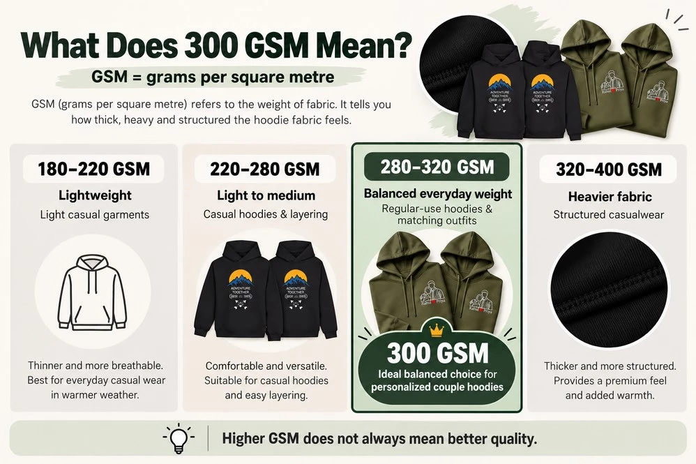 Hoodie GSM comparison infographic explaining fabric weights from 180 to 400 GSM and highlighting 300 GSM fabric for everyday personalized couple hoodies.