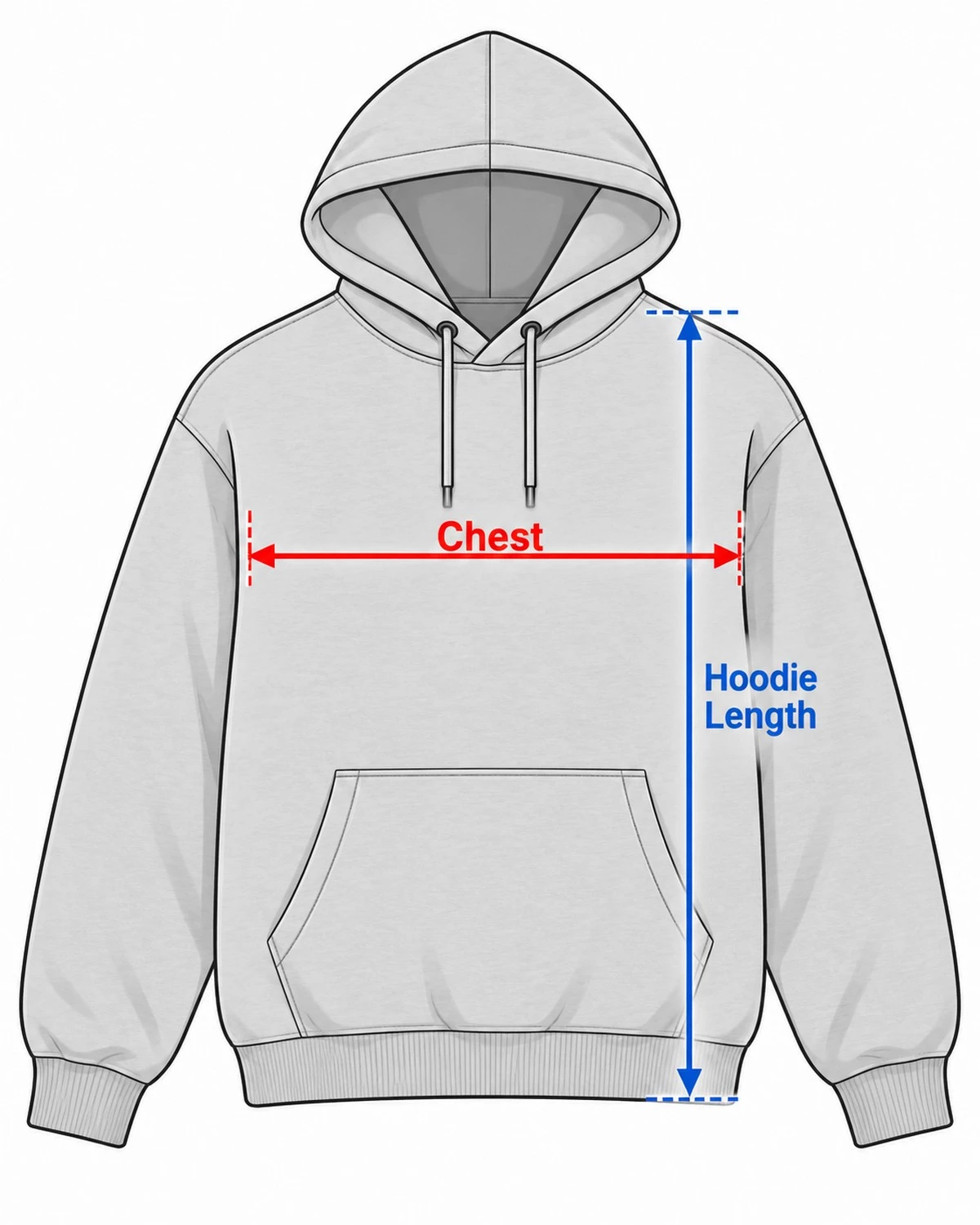 Illustration showing how to measure hoodie chest width from armpit to armpit and hoodie length from shoulder to bottom hem.