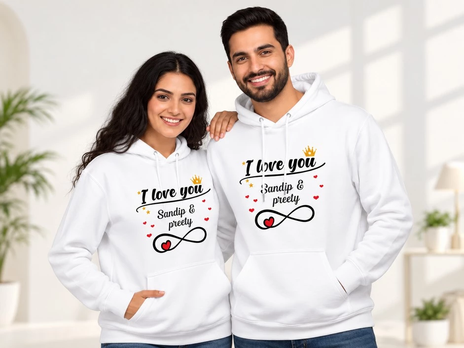 Happy couple wearing matching white personalized hoodies with I Love You lettering, custom names Sandip and Preety, red hearts, and an infinity symbol.