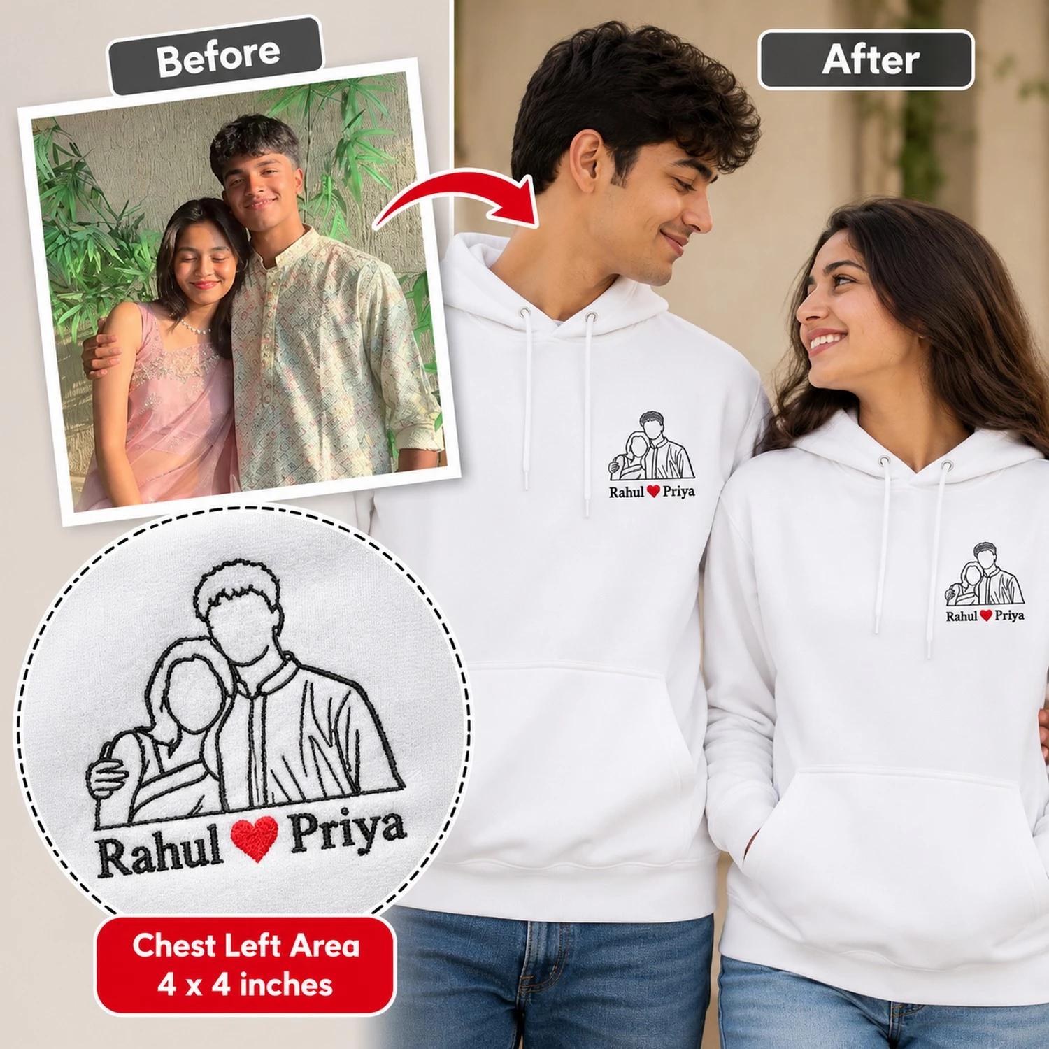 Before-and-after comparison showing a couple photo transformed into personalized line art embroidery with Rahul and Priya names on the left chest of matching white hoodies.