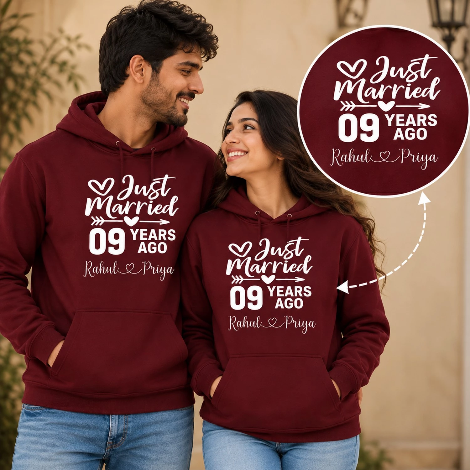Couple wearing matching maroon personalized anniversary hoodies featuring Just Married, 09 Years Ago, and Rahul and Priya names in white lettering.