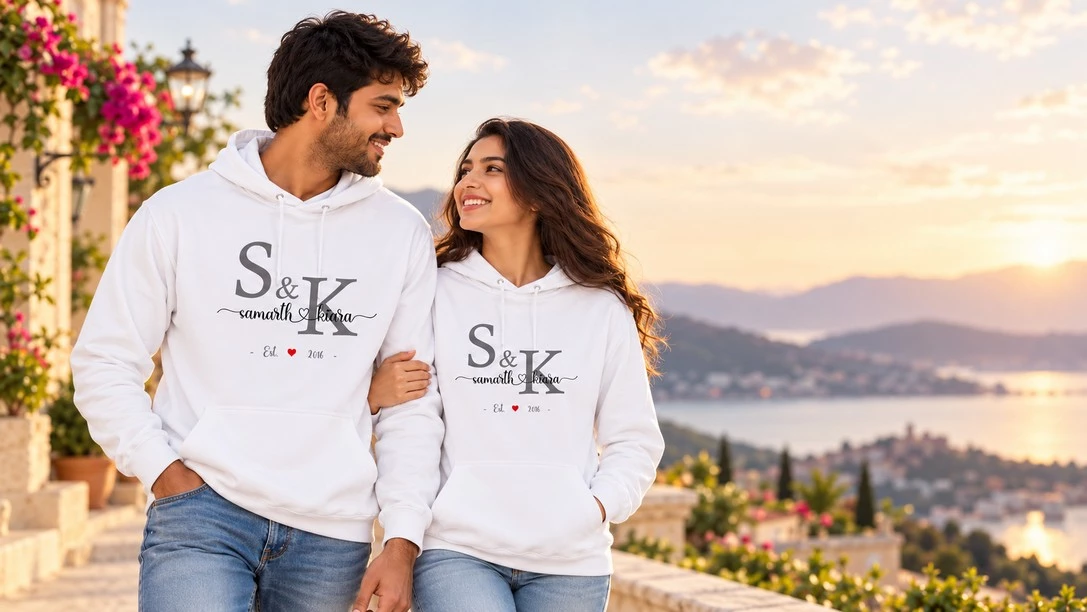 Romantic couple wearing matching white personalized hoodies with S and K initials, Samarth and Kiara names, and a special date, standing together at sunset.
