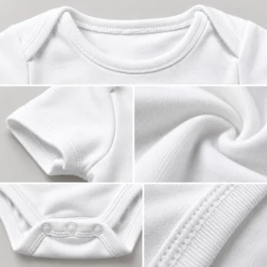 Close-up collage showing white baby romper neckline, sleeve stitching, fabric texture, seams and bottom snap closure.