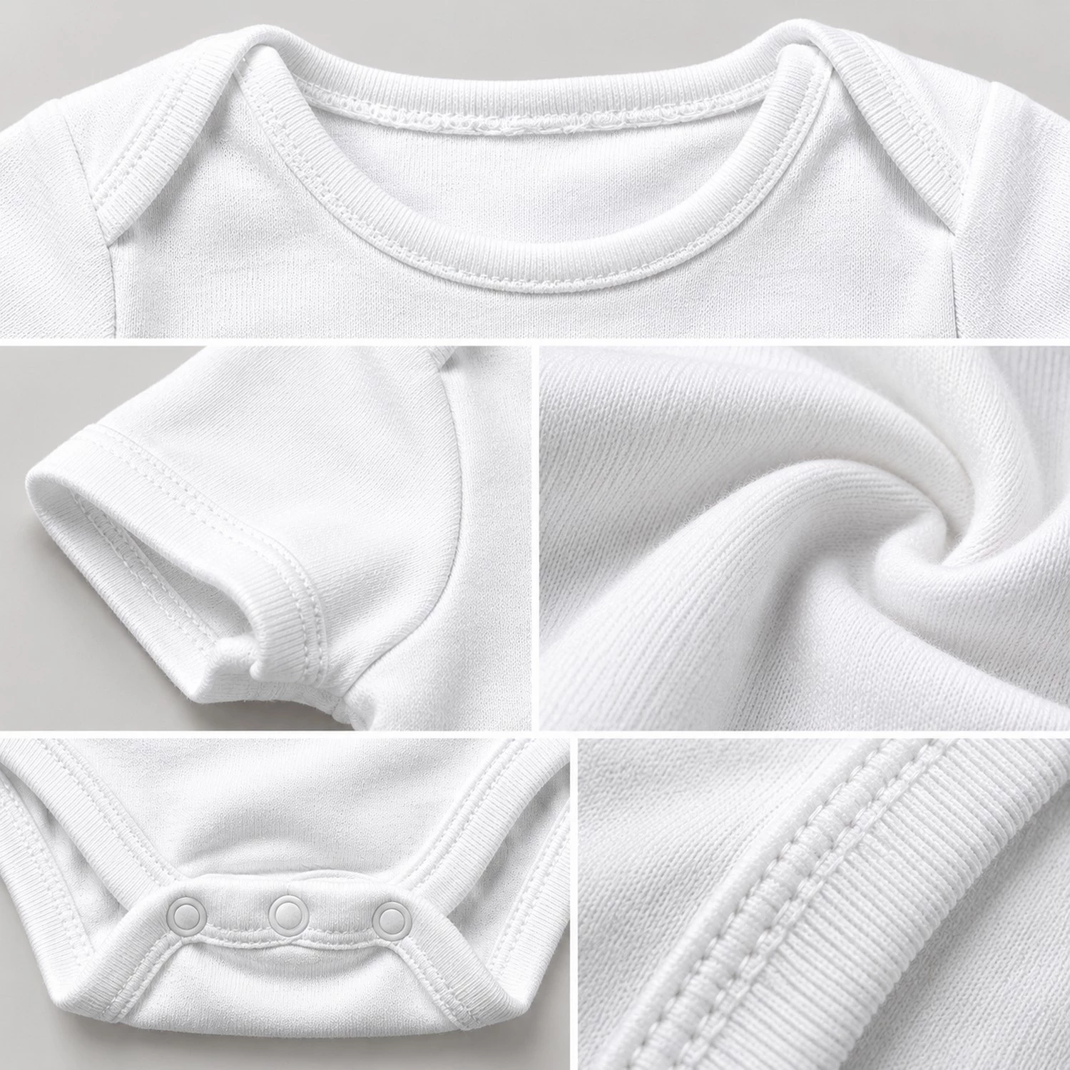 Close-up collage showing white baby romper neckline, sleeve stitching, fabric texture, seams and bottom snap closure.