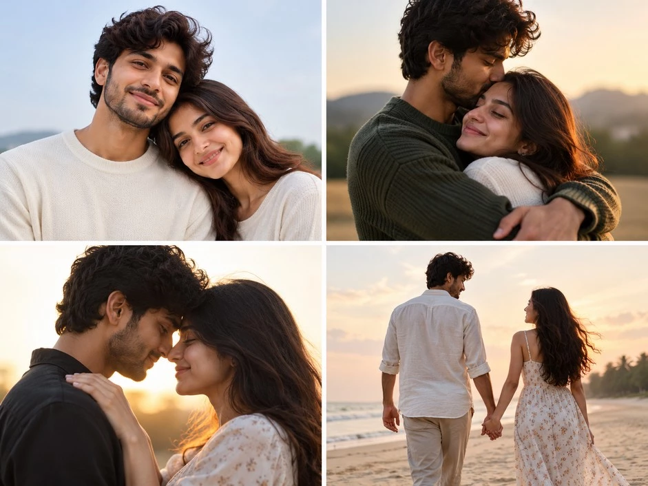Four romantic couple photo poses showing a side-by-side portrait, a warm hug, forehead touching, and walking hand in hand.