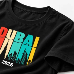 Close-up detail of a black family vacation T-shirt showing the neckline, sleeve stitching, cotton texture, and part of the Dubai 2026 print.