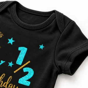 Close-up of a black half birthday baby romper showing the ribbed neckline, shoulder construction, sleeve stitching and part of the turquoise and gold print.