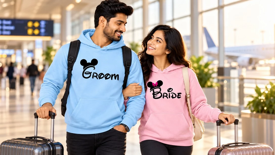 Newlywed couple wearing matching blue Groom and pink Bride hoodies with luggage at an airport for their honeymoon.