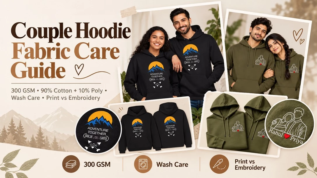 Printgen couple hoodie fabric and wash care guide featuring personalized black printed hoodies and olive green embroidered couple hoodies.